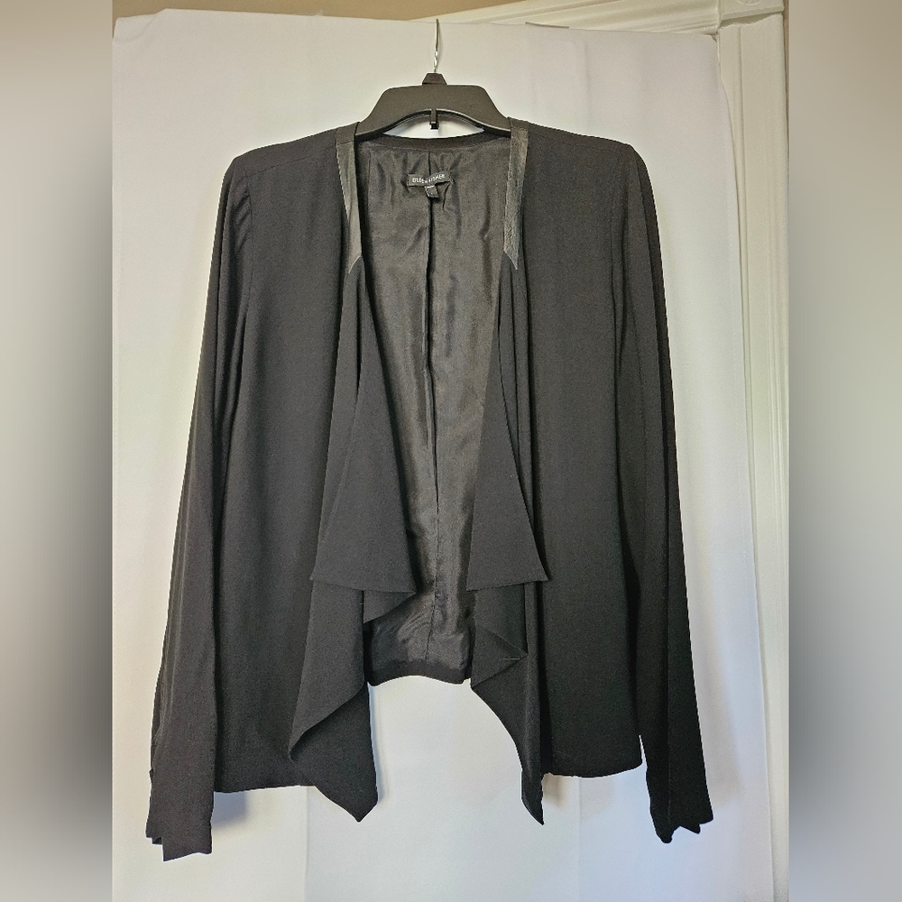 Eileen Fisher black silk and leather trim Drape front short jacket size L